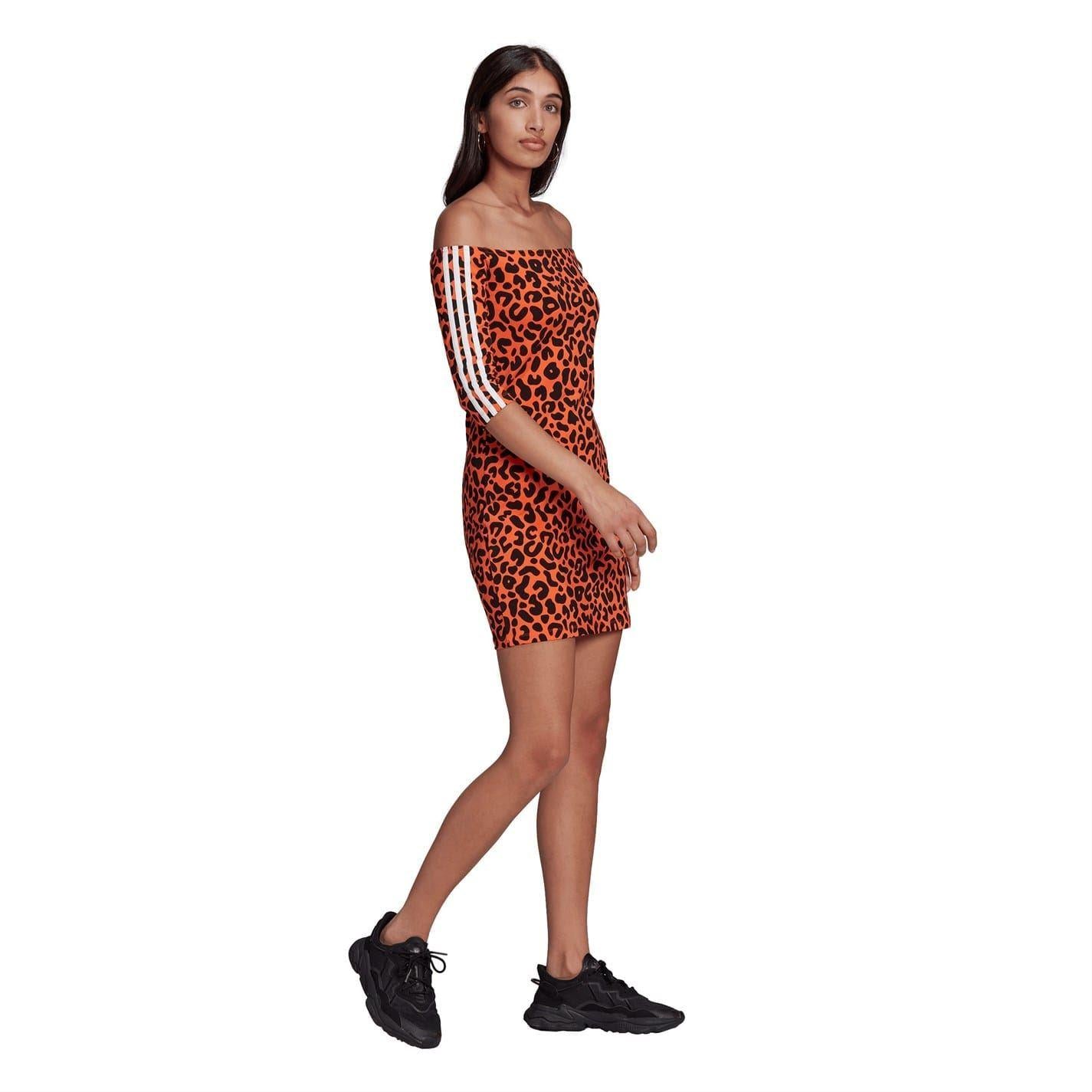 Orange-Black - Lifestyle - Adidas Womens-Ladies Leopard Print Off Shoulder Mini Dress