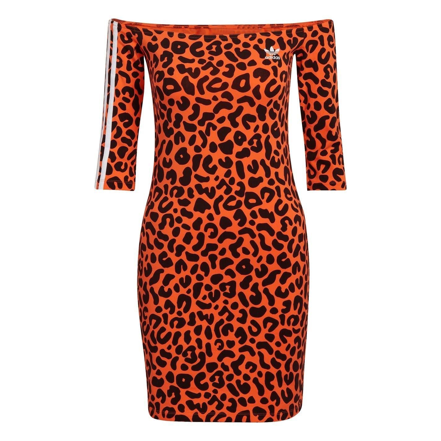 Orange-Black - Front - Adidas Womens-Ladies Leopard Print Off Shoulder Mini Dress