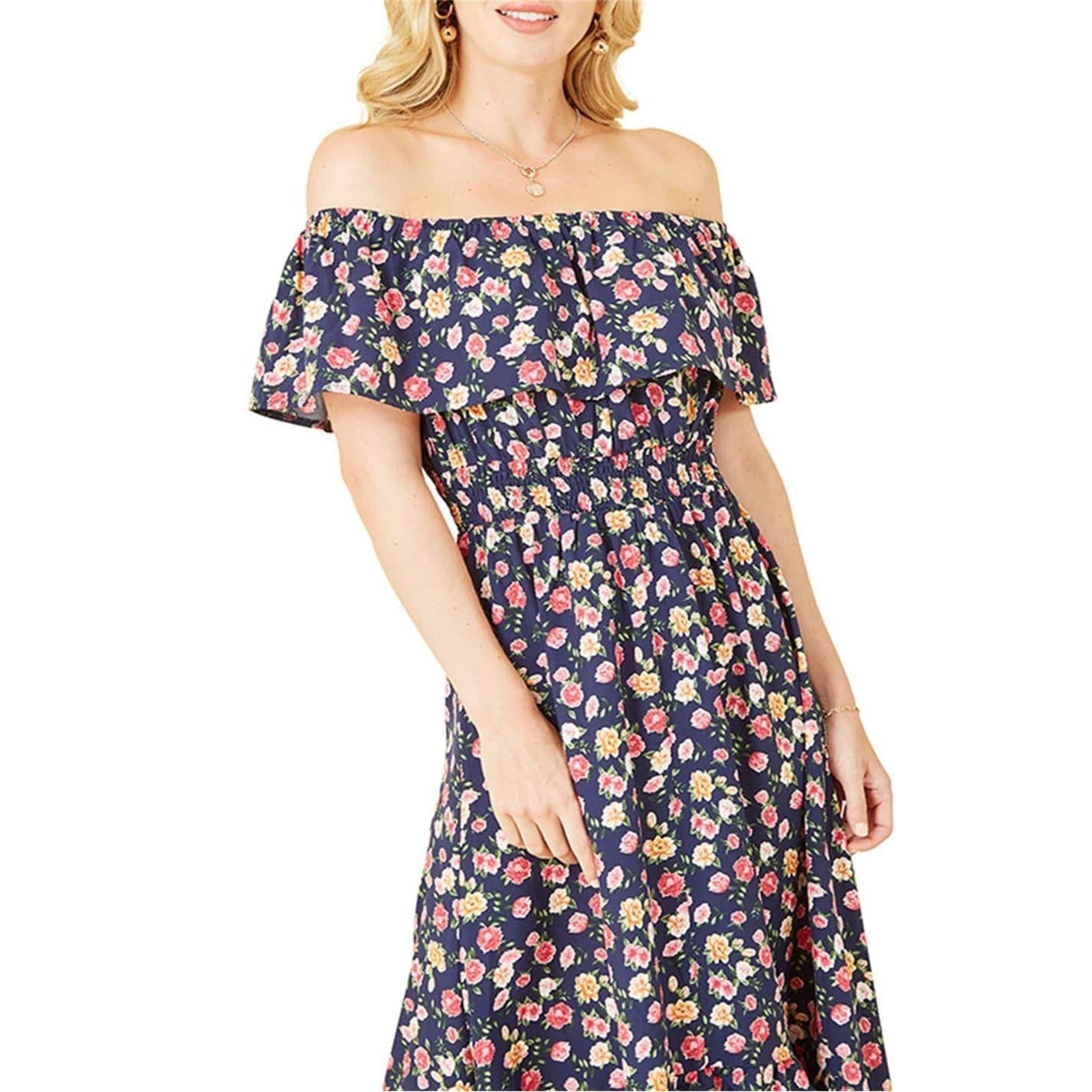 Navy - Side - Mela London Womens-Ladies Floral Off Shoulder Maxi Dress