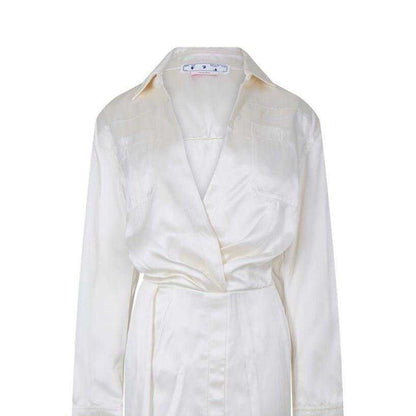 White - Side - Off White Womens-Ladies Chine Satin V Neck Wrap Dress