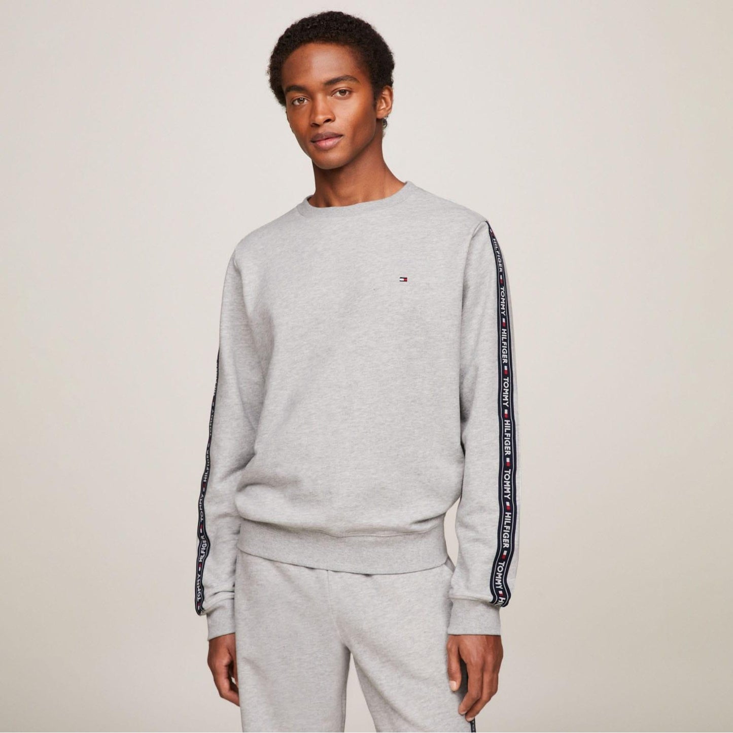 Grey - Front - Tommy Hilfiger Mens Tape Logo Lounge Sweatshirt