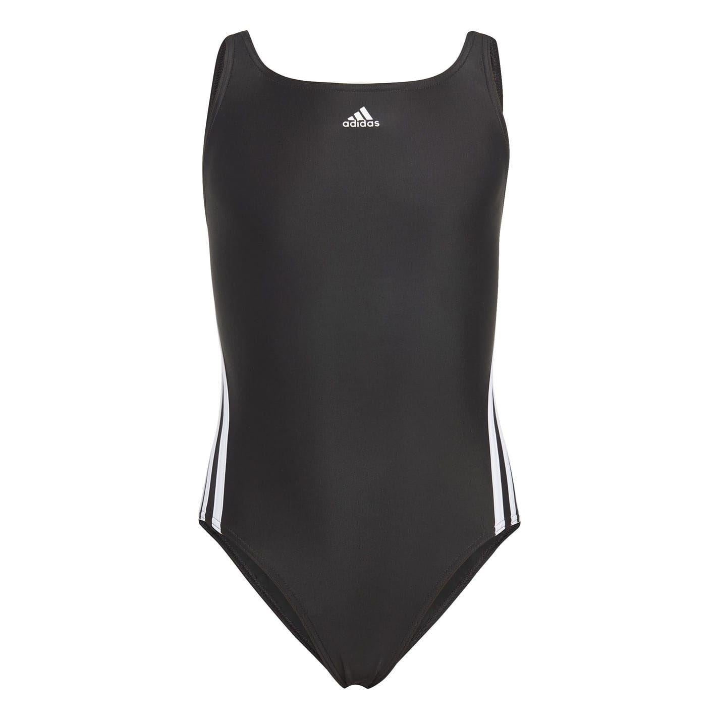 Black-White - Front - Adidas Girls 3 Stripes One Piece Swimsuit
