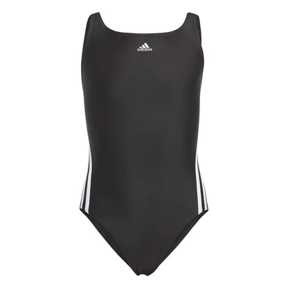 Black-White - Front - Adidas Girls 3 Stripes One Piece Swimsuit