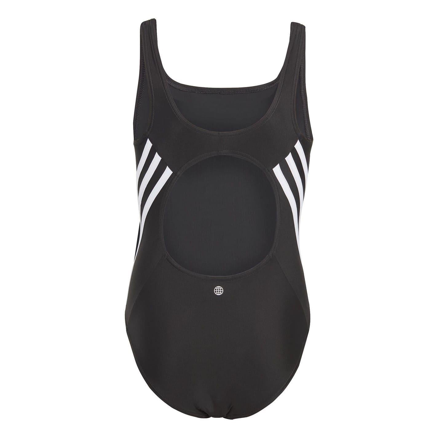 Black-White - Back - Adidas Girls 3 Stripes One Piece Swimsuit