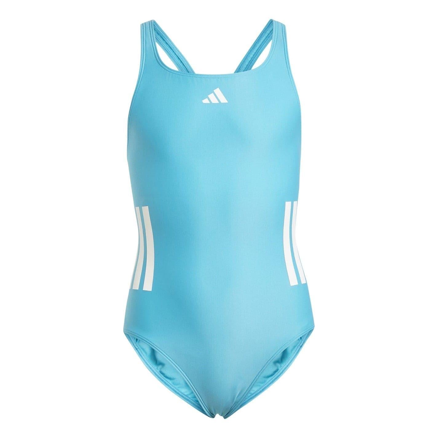 Cyan-White - Front - Adidas Girls 3 Stripes One Piece Swimsuit