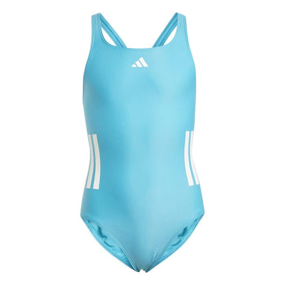 Cyan-White - Front - Adidas Girls 3 Stripes One Piece Swimsuit