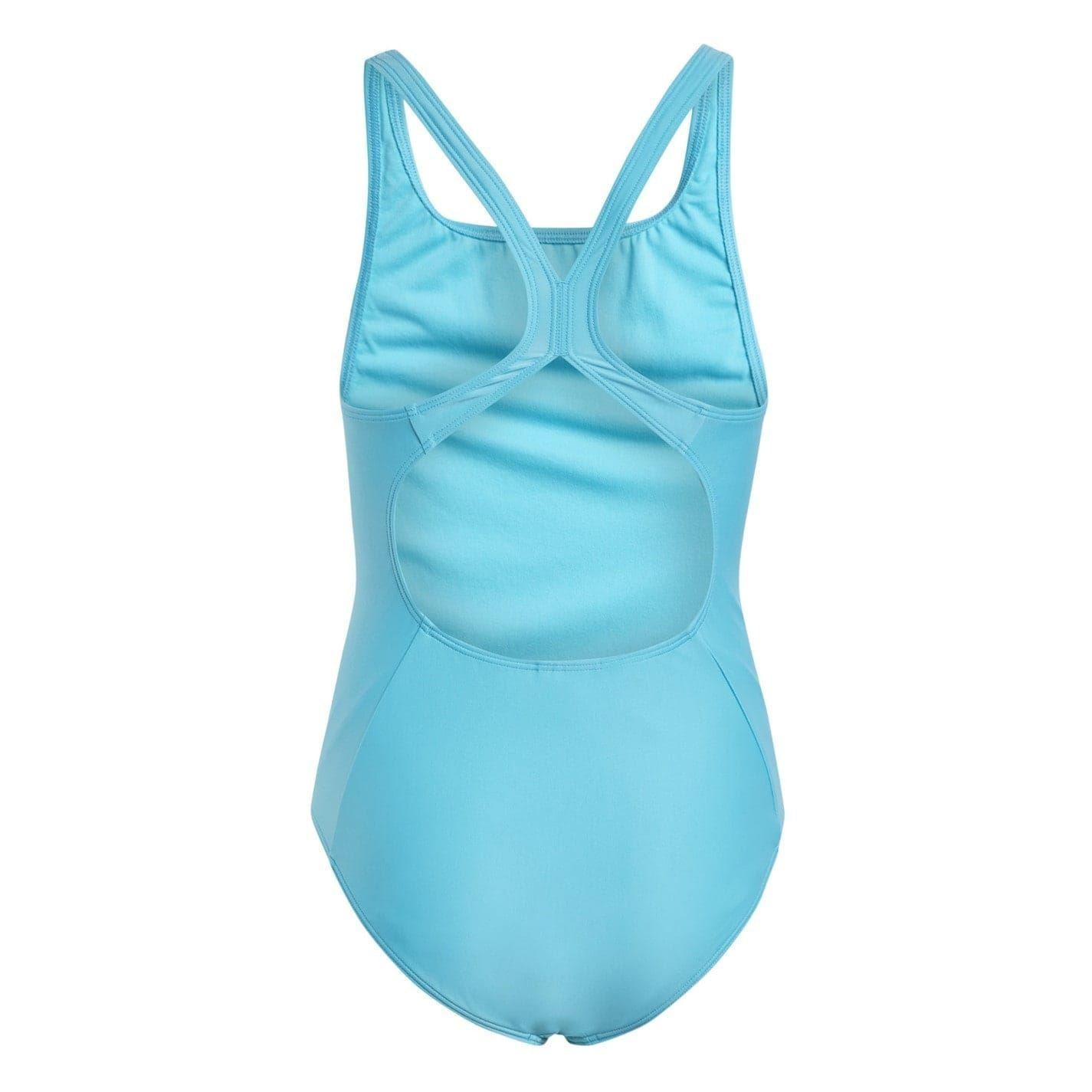 Cyan-White - Back - Adidas Girls 3 Stripes One Piece Swimsuit