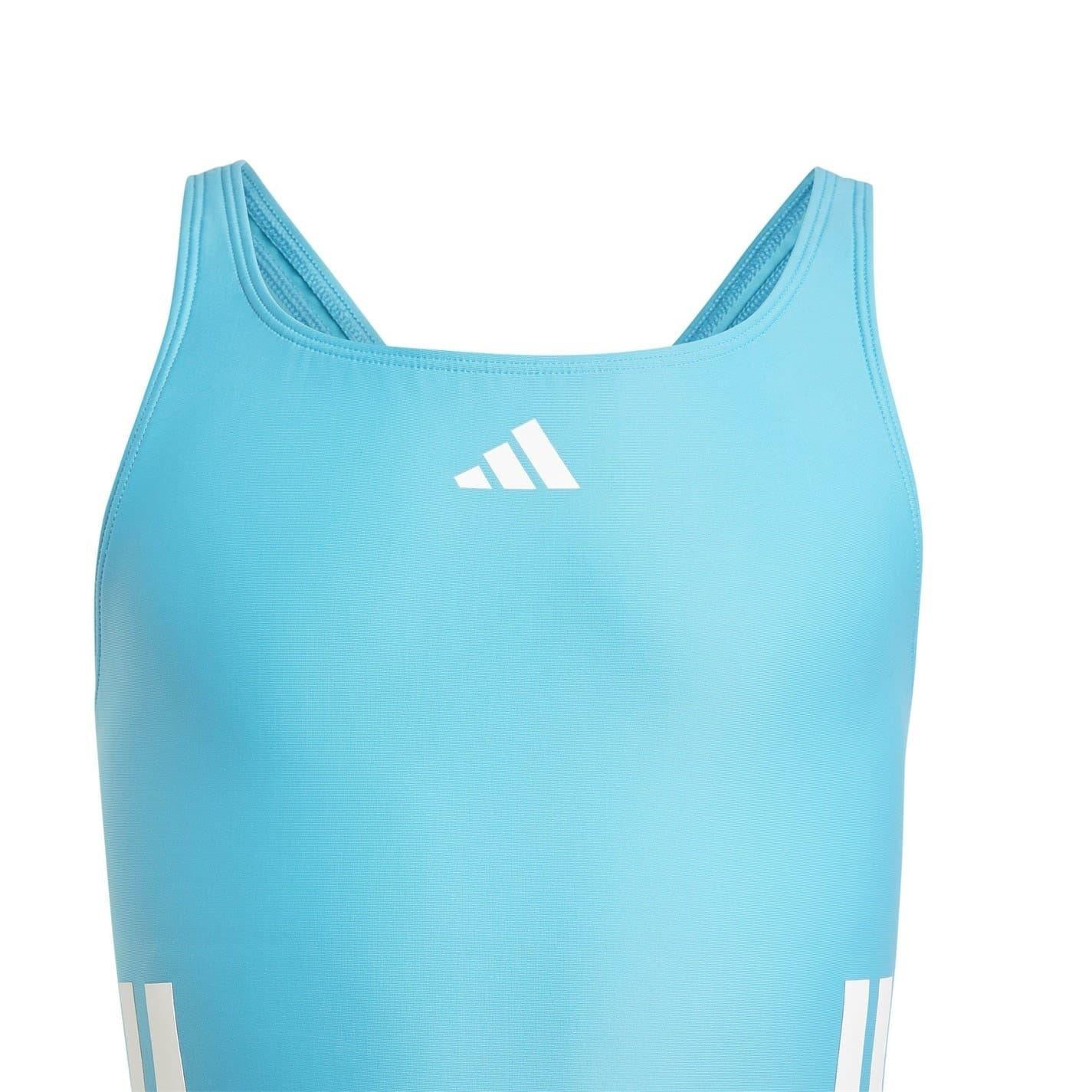 Cyan-White - Pack Shot - Adidas Girls 3 Stripes One Piece Swimsuit