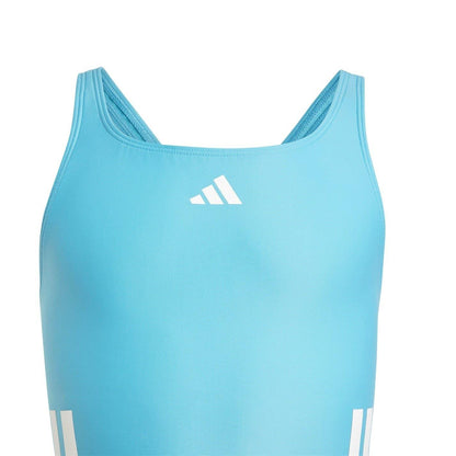 Cyan-White - Pack Shot - Adidas Girls 3 Stripes One Piece Swimsuit