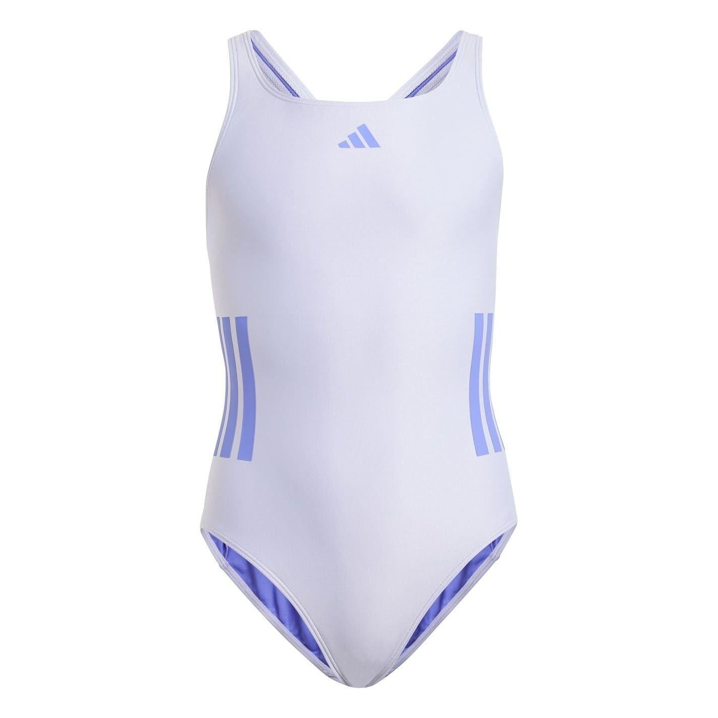 Violet-Cobalt - Front - Adidas Girls 3 Stripes One Piece Swimsuit