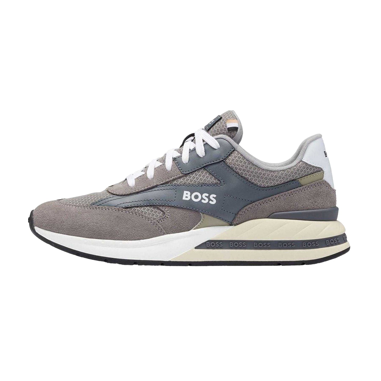 Grey - Side - Boss Mens Kurt Leather Running Trainers