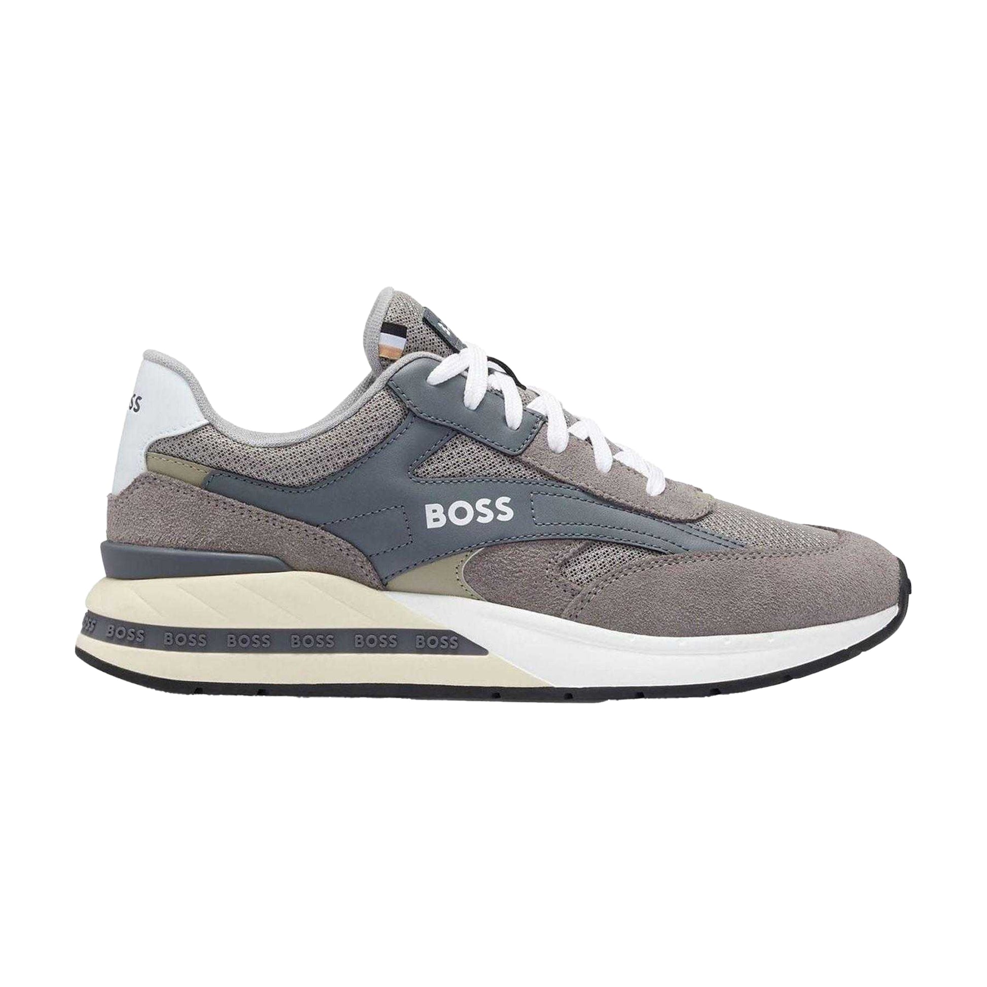 Grey - Front - Boss Mens Kurt Leather Running Trainers