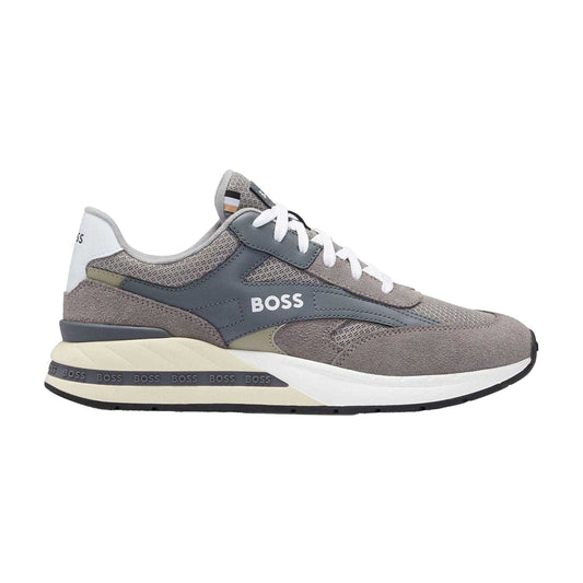Grey - Front - Boss Mens Kurt Leather Running Trainers
