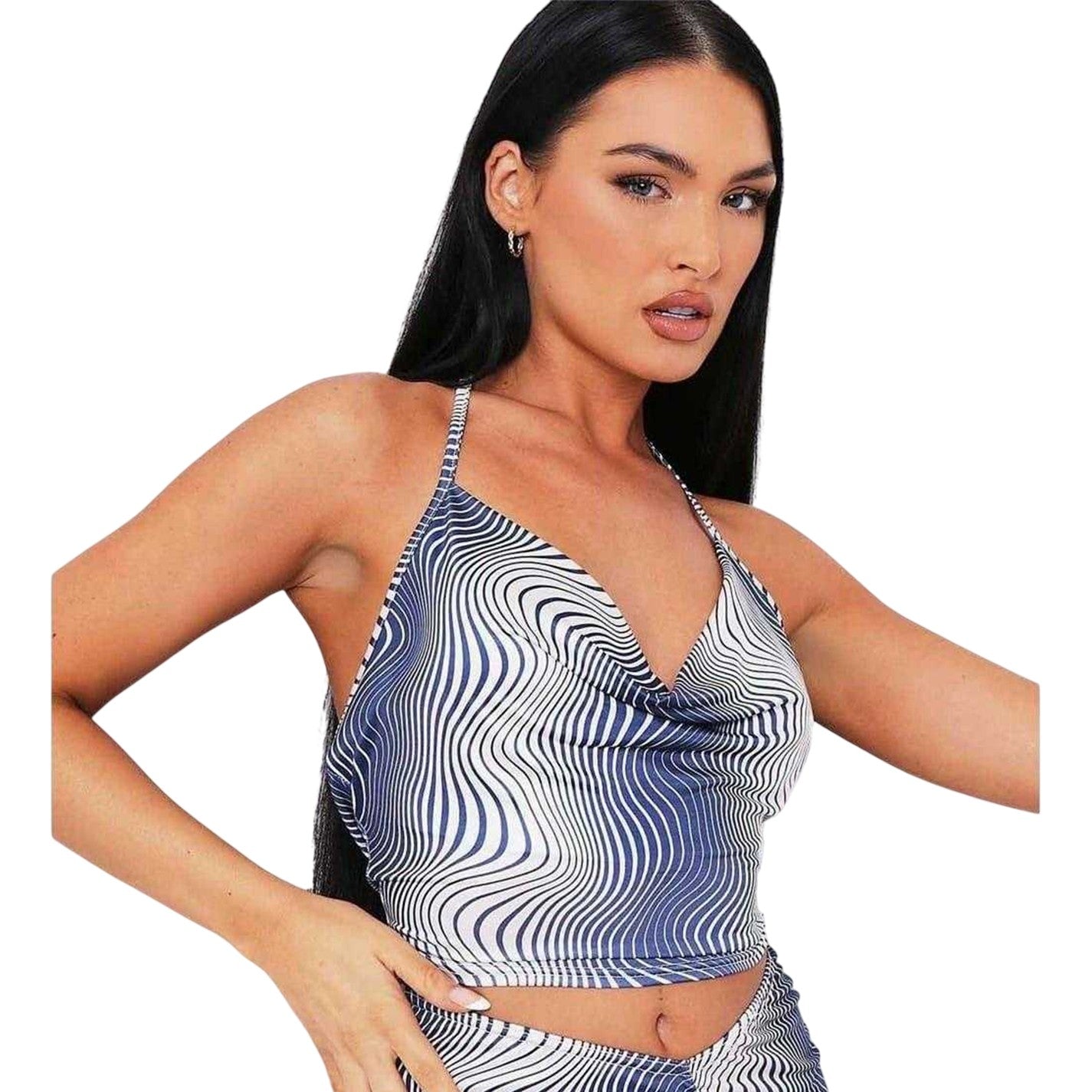 Blue - Side - Missy Empire Womens-Ladies Swirl Print Cowl Neck Crop Top