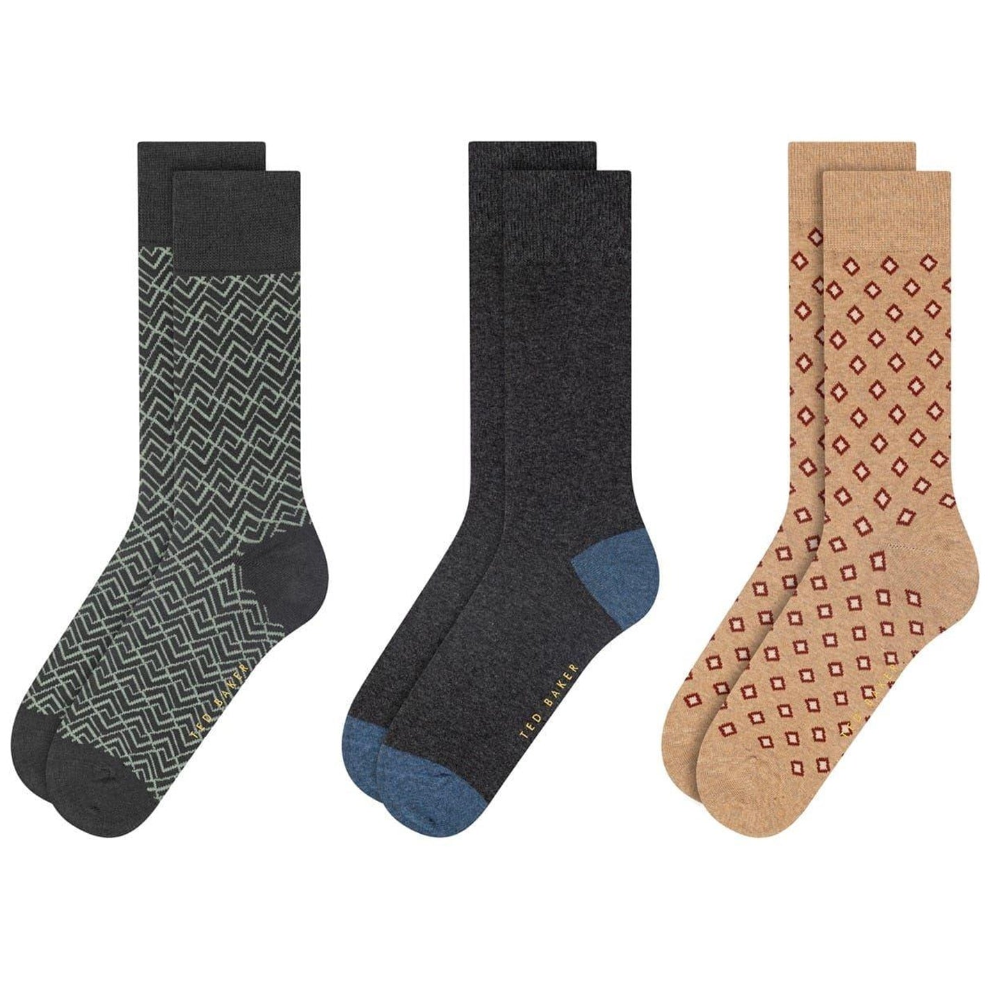 Green-Charcoal-Brown - Front - Ted Baker Mens Crew Socks (Pack of 3)