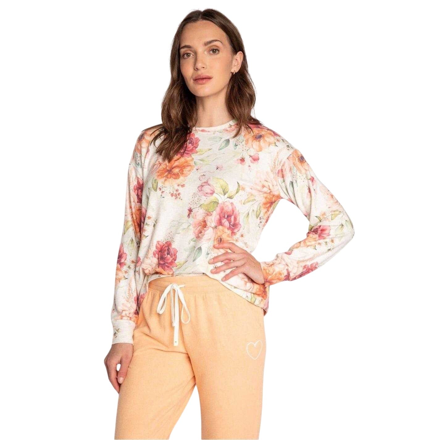 Beige-Pink-Orange - Lifestyle - PJ Salvage Womens-Ladies Floral Jersey Long-Sleeved Top