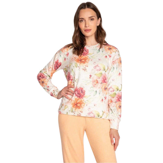 Beige-Pink-Orange - Front - PJ Salvage Womens-Ladies Floral Jersey Long-Sleeved Top