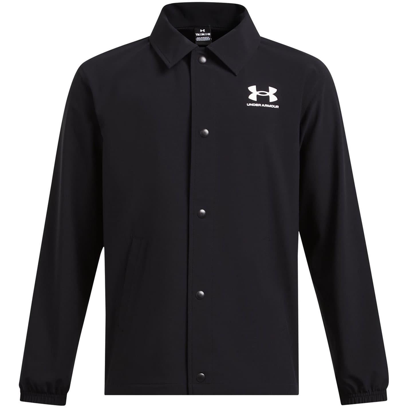 Black-White - Front - Under Armour Boys Woven Snap-Front Coach Jacket