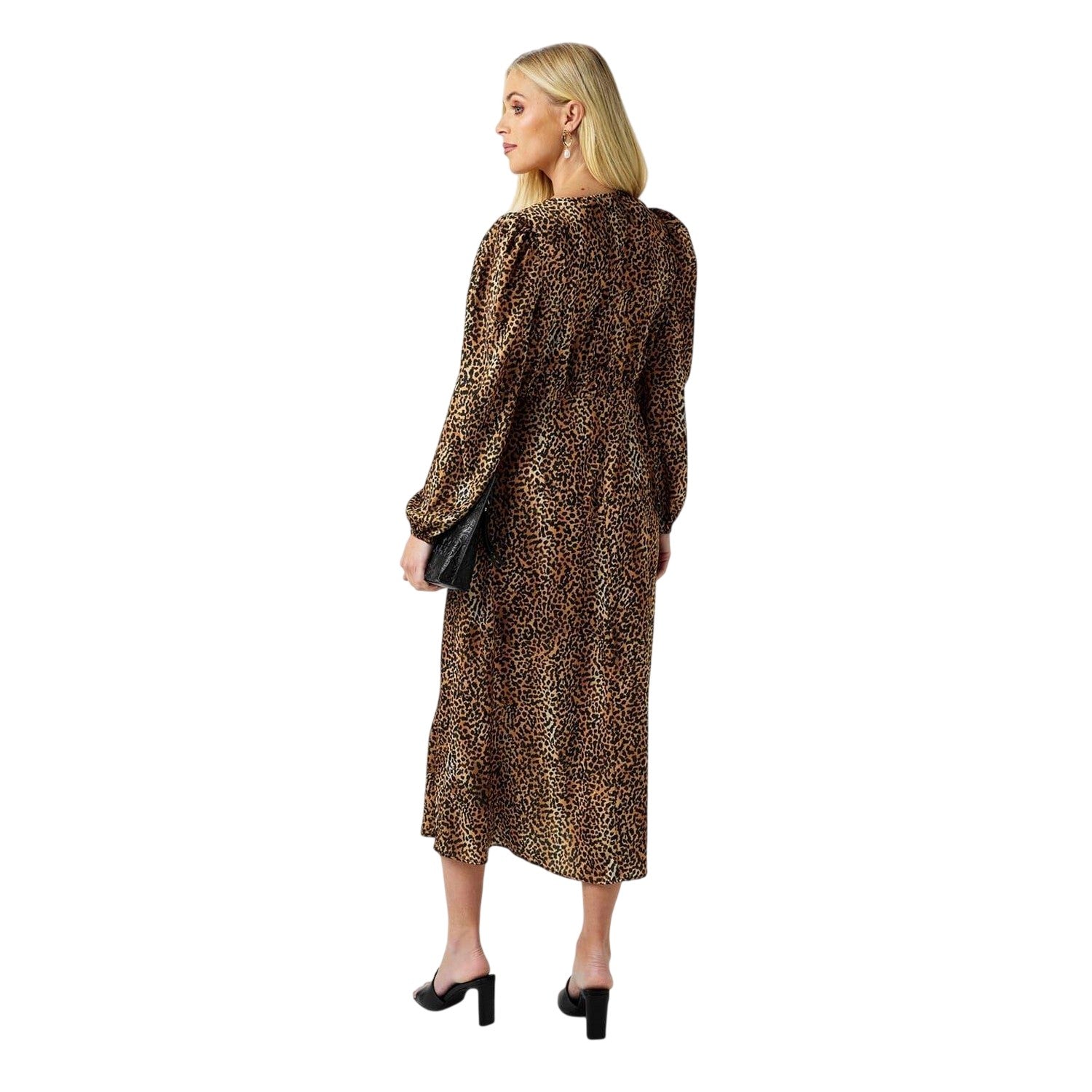 Brown-Black - Back - Biba Womens-Ladies Cheetah Print Button Through Midi Dress
