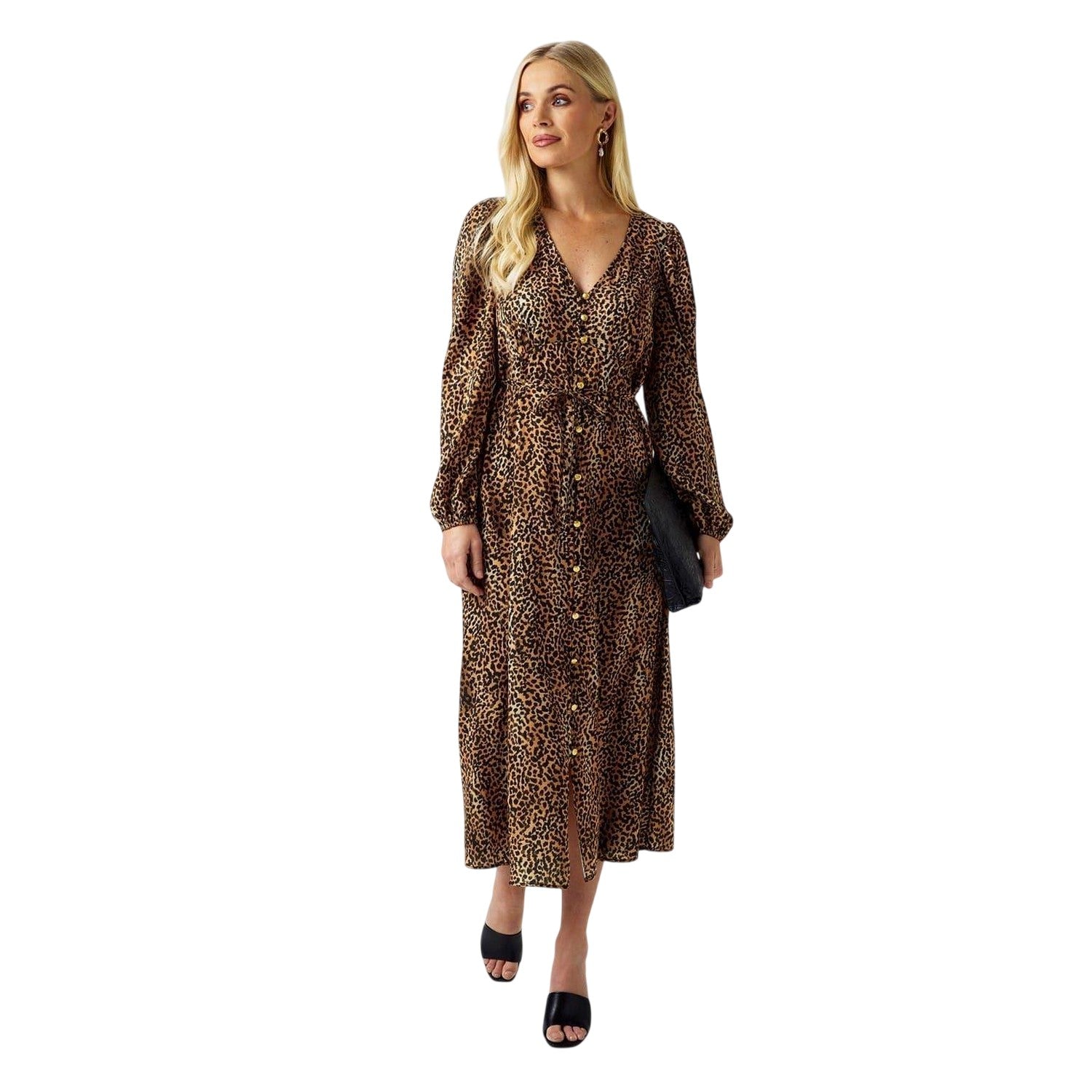 Brown-Black - Pack Shot - Biba Womens-Ladies Cheetah Print Button Through Midi Dress
