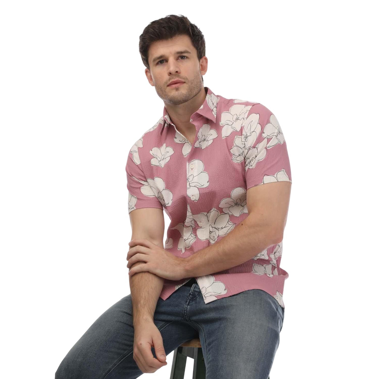Pink - Side - Ted Baker Unisex Adult Coving Floral Seersucker Short-Sleeved Shirt