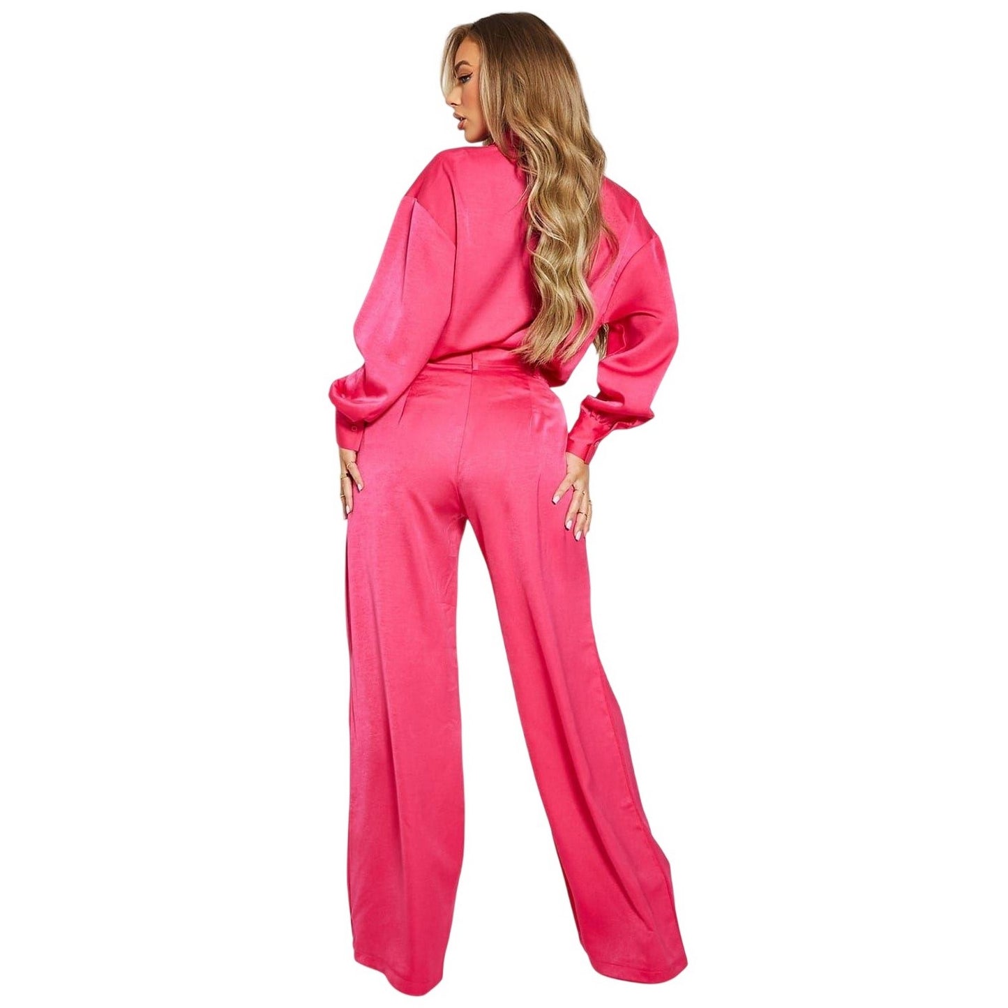 Hot Pink - Back - I Saw It First Womens-Ladies Satin Wide Leg Trousers