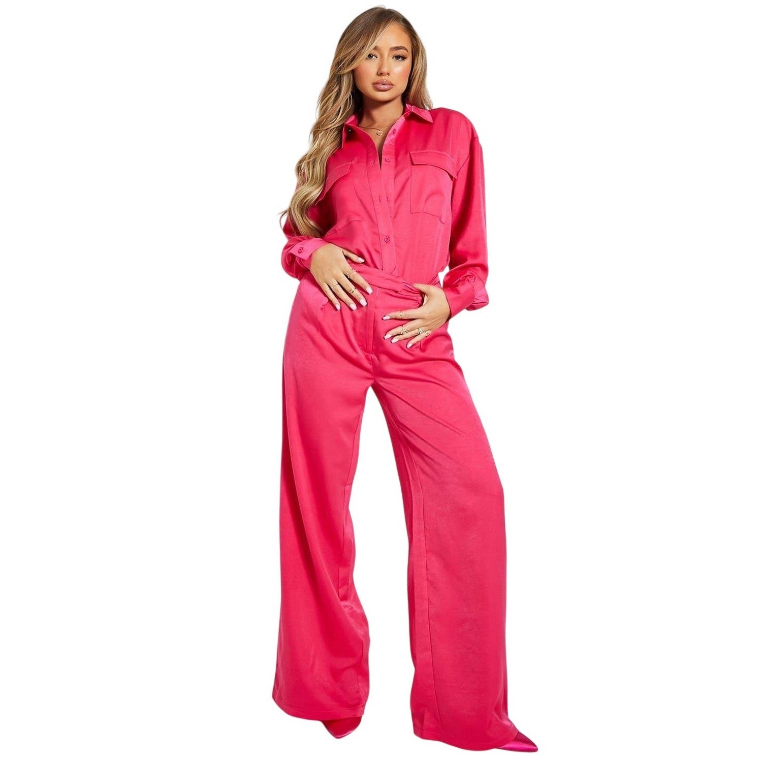 Hot Pink - Pack Shot - I Saw It First Womens-Ladies Satin Wide Leg Trousers
