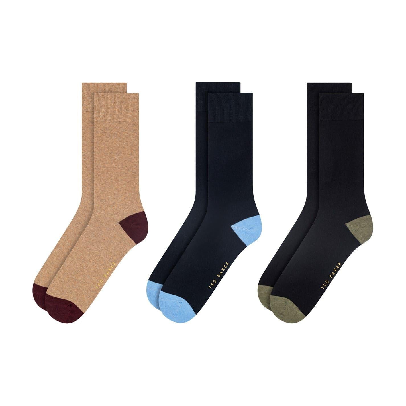 Beige-Navy-Black - Front - Ted Baker Mens Cotton Blend Crew Socks (Pack of 3)