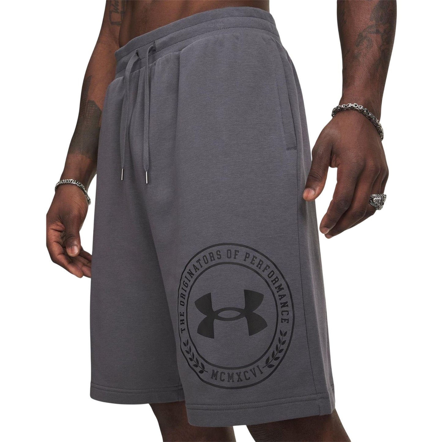 Grey-Black - Side - Under Armour Mens Rival Fleece Graphic Print Tapered Shorts