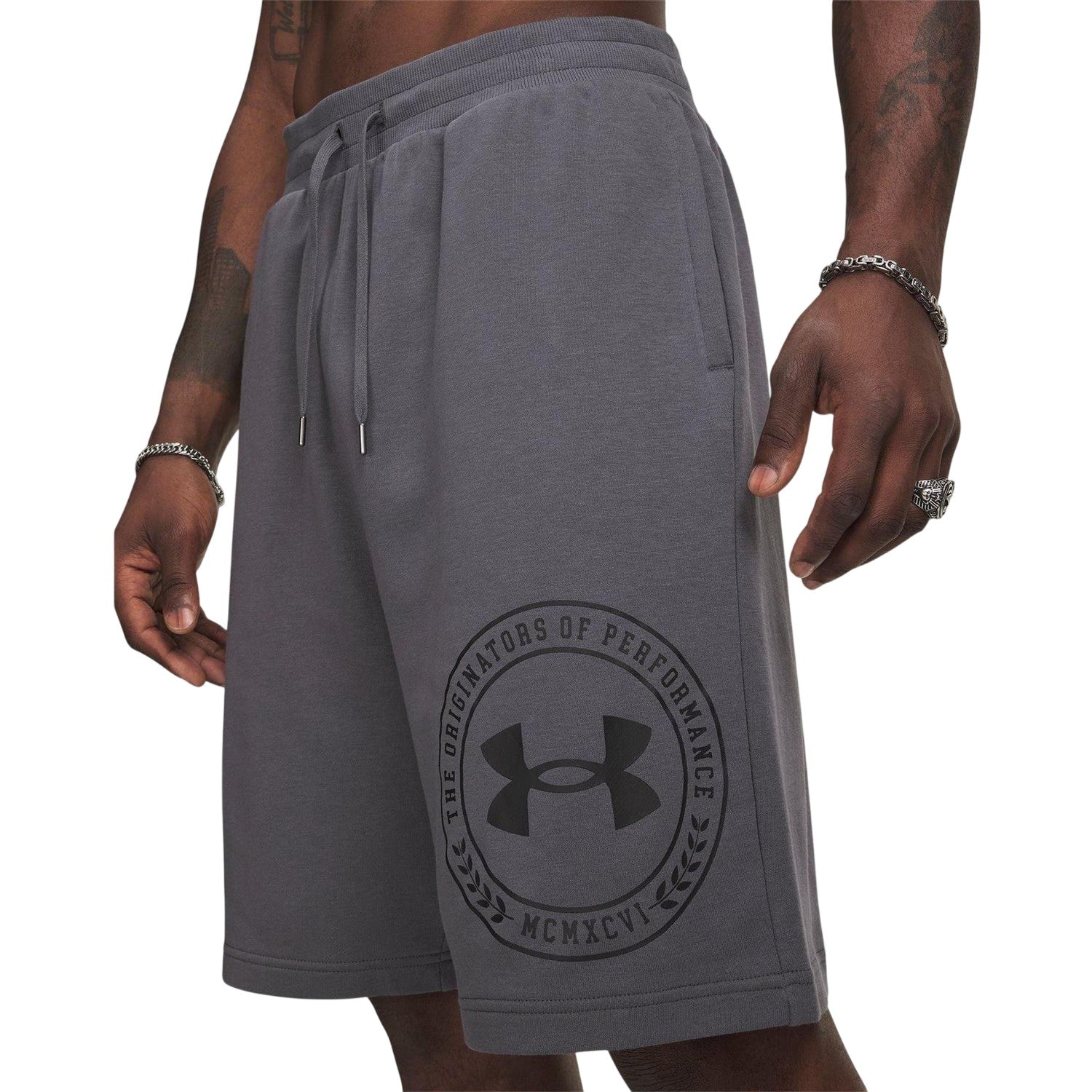 Grey-Black - Side - Under Armour Mens Rival Fleece Graphic Print Tapered Shorts