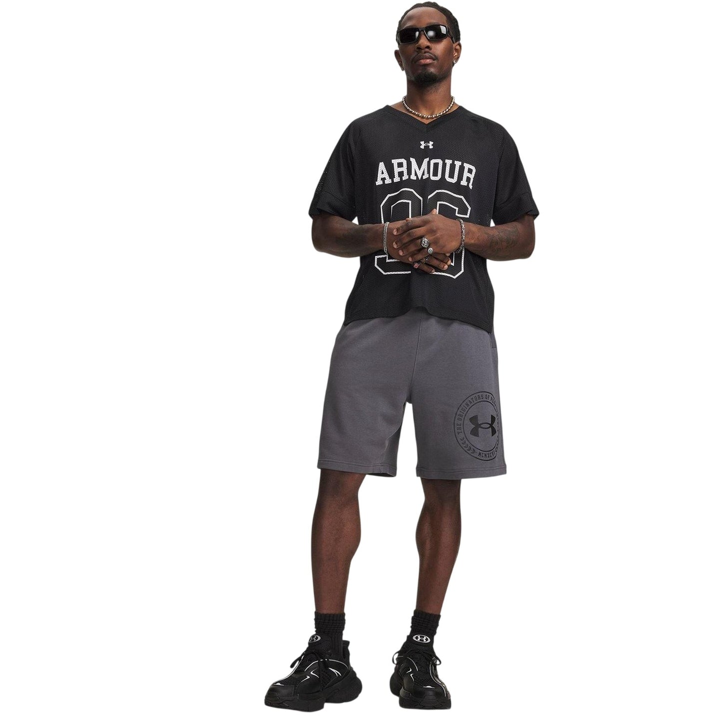 Grey-Black - Lifestyle - Under Armour Mens Rival Fleece Graphic Print Tapered Shorts