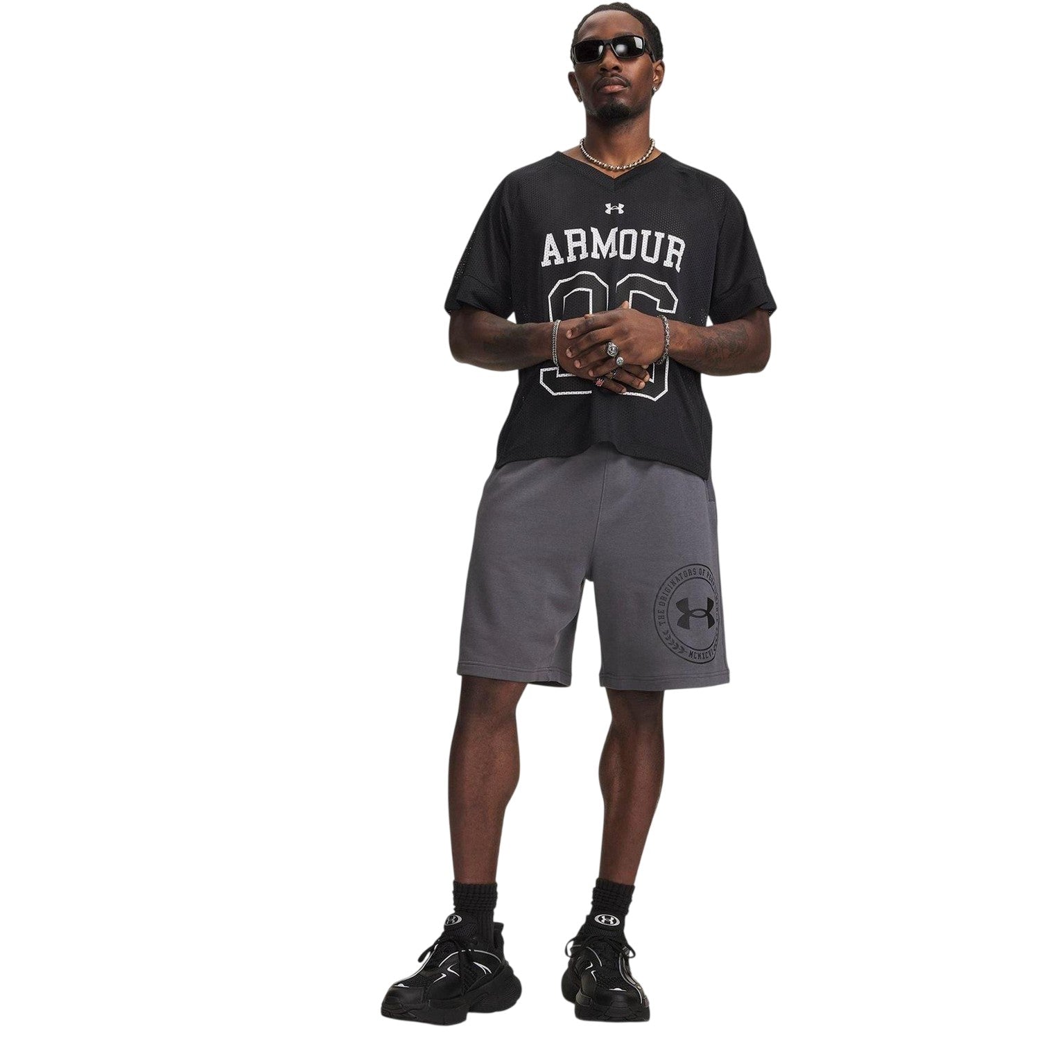 Grey-Black - Lifestyle - Under Armour Mens Rival Fleece Graphic Print Tapered Shorts