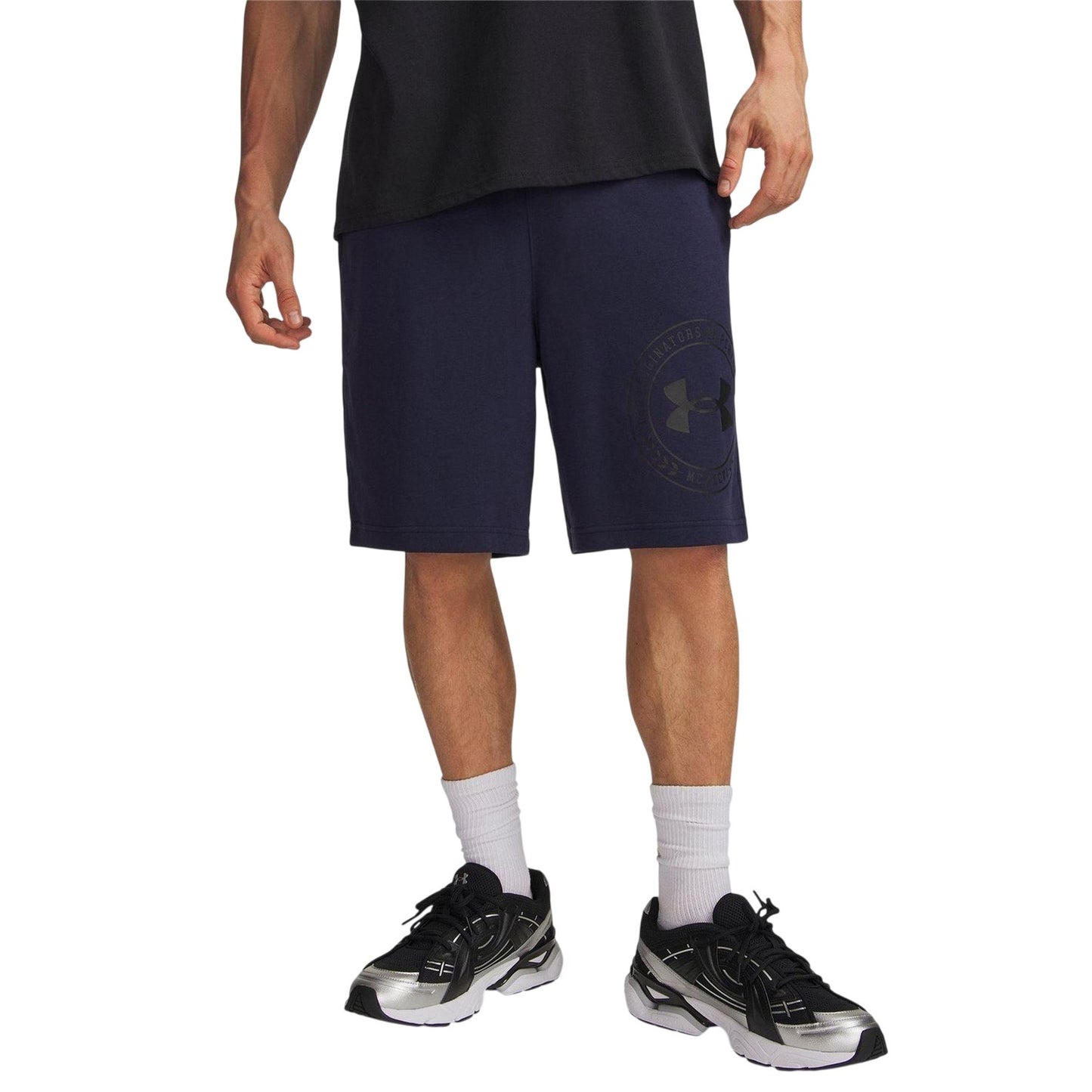 Navy-Black - Front - Under Armour Mens Rival Fleece Graphic Print Tapered Shorts