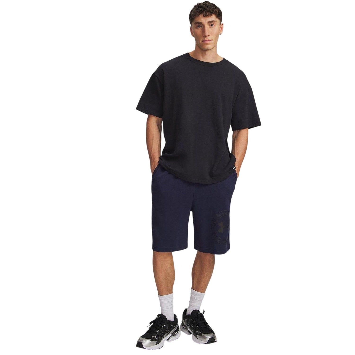 Navy-Black - Lifestyle - Under Armour Mens Rival Fleece Graphic Print Tapered Shorts