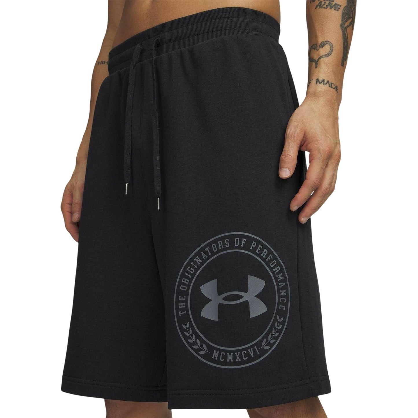 Black - Side - Under Armour Mens Rival Fleece Graphic Print Tapered Shorts