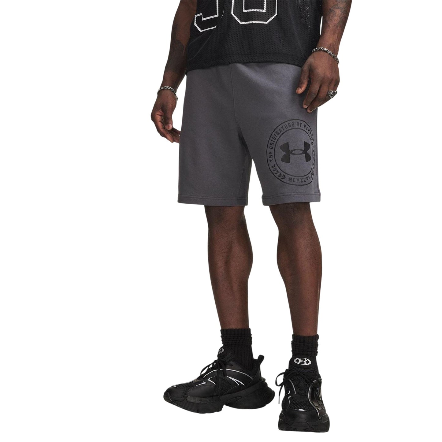 Grey-Black - Front - Under Armour Mens Rival Fleece Graphic Print Tapered Shorts
