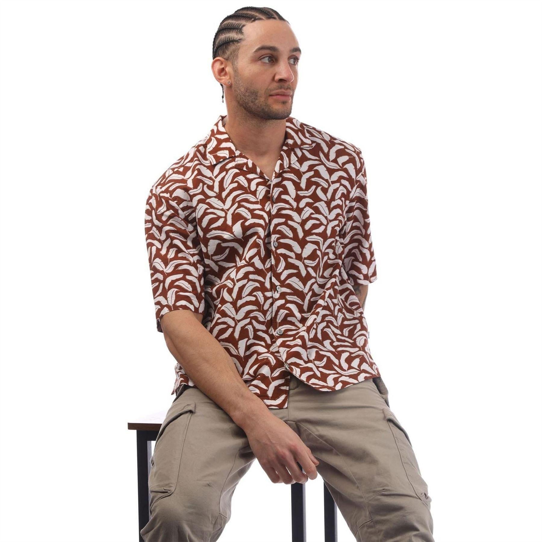 Brown - Lifestyle - Boss Mens Leaf Print Relaxed Fit Short-Sleeved Shirt
