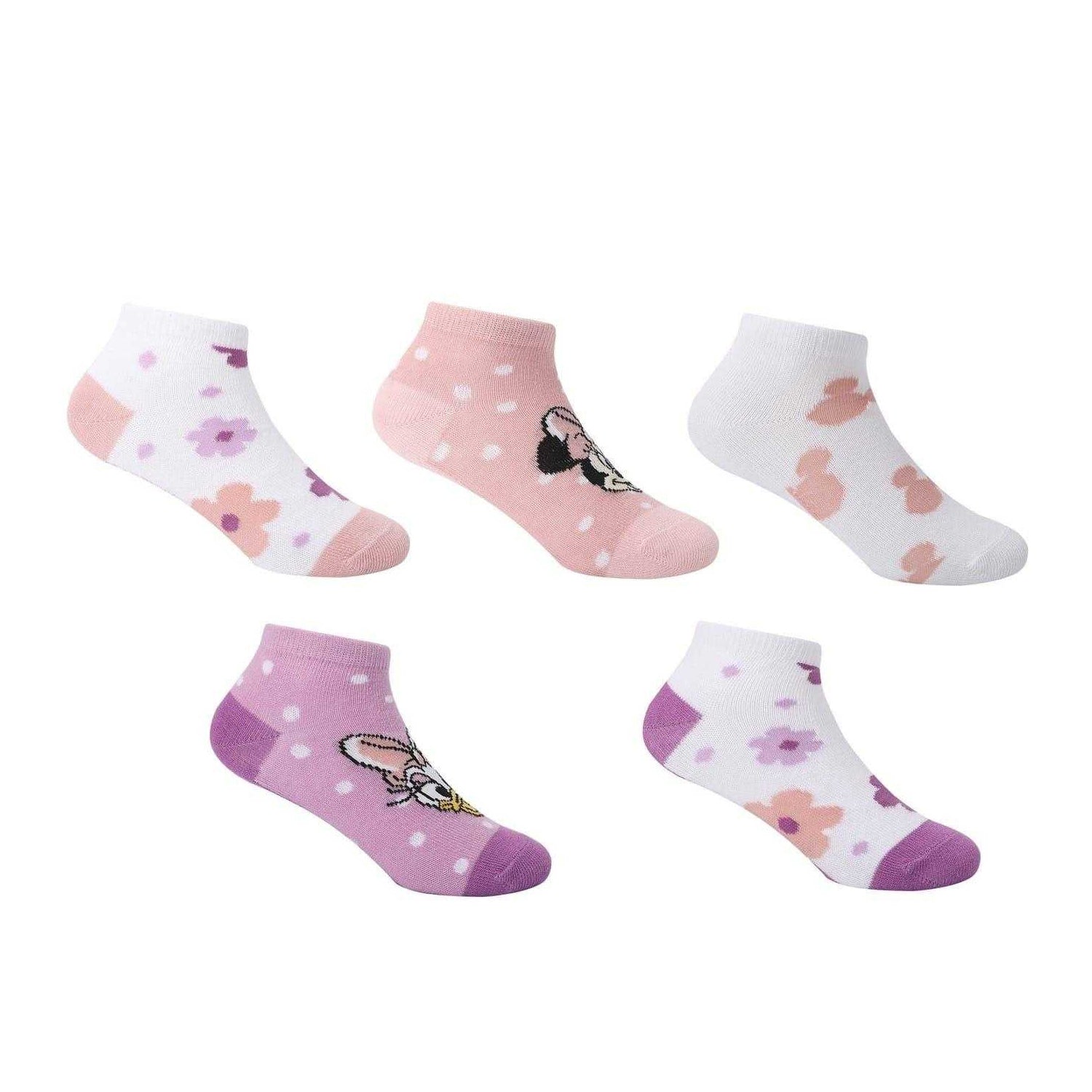 White-Pink-Red - Front - Disney Girls Minnie Mouse Trainer Socks (Pack of 5)