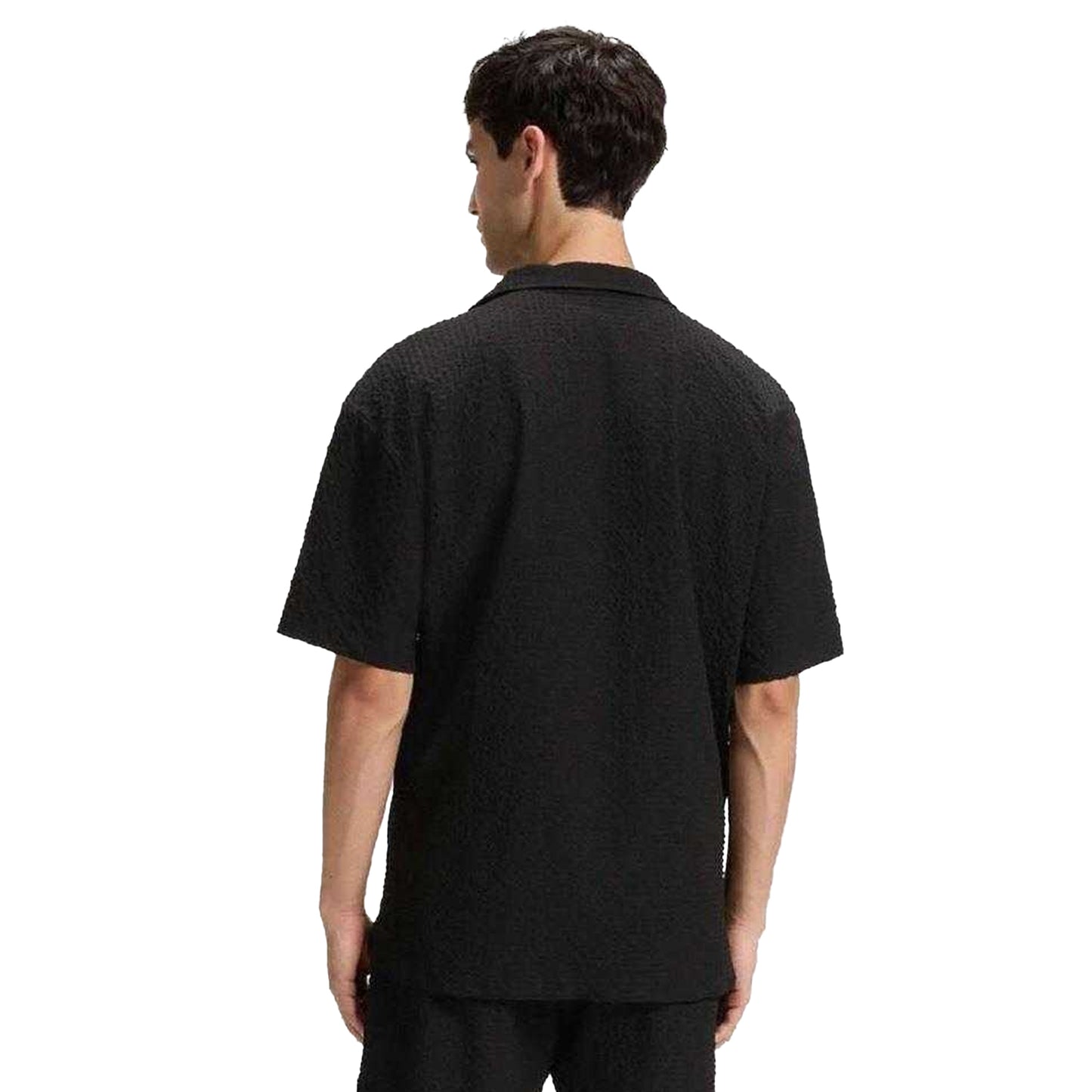 Black - Back - Hugo Mens Waffle Relaxed Fit Shirt