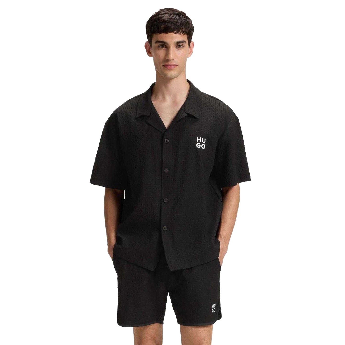 Black - Side - Hugo Mens Waffle Relaxed Fit Shirt