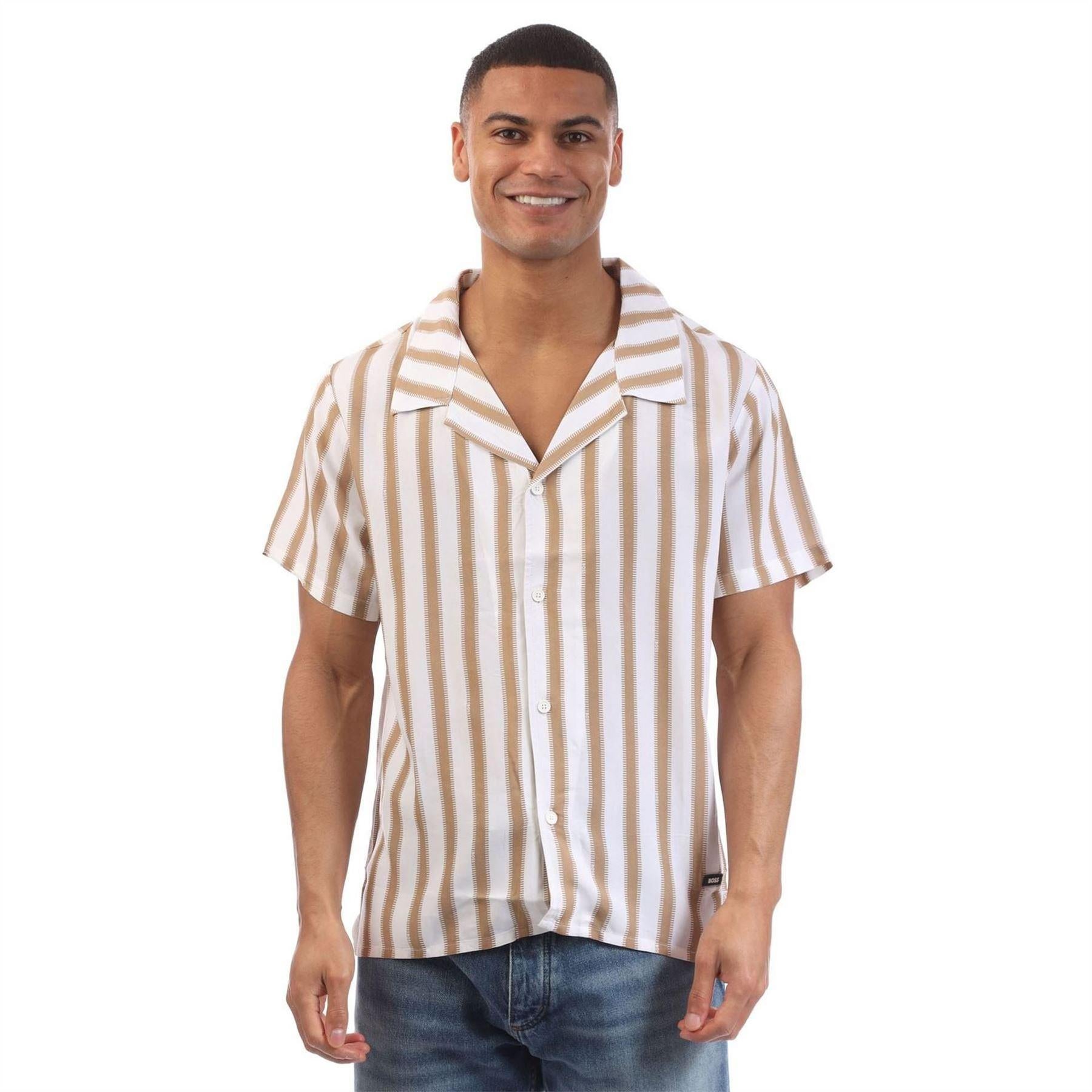 Natural - Front - Boss Mens Viscose Co-ord Shirt