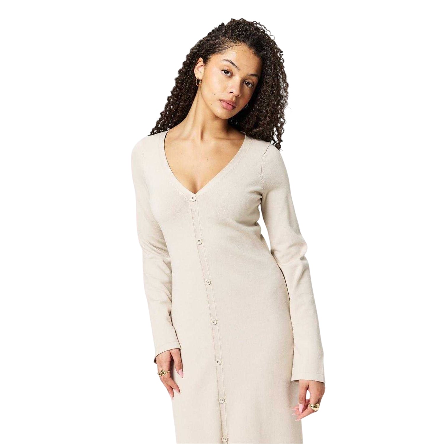 Stone Marl - Side - Jack Wills Womens-Ladies Button V Neck Sweater Dress