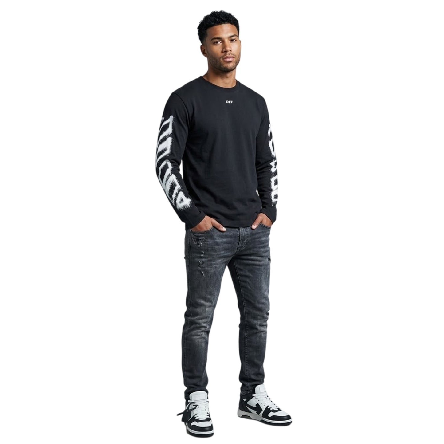 Black - Side - Off White Mens Sleeve Print Long-Sleeved T-Shirt