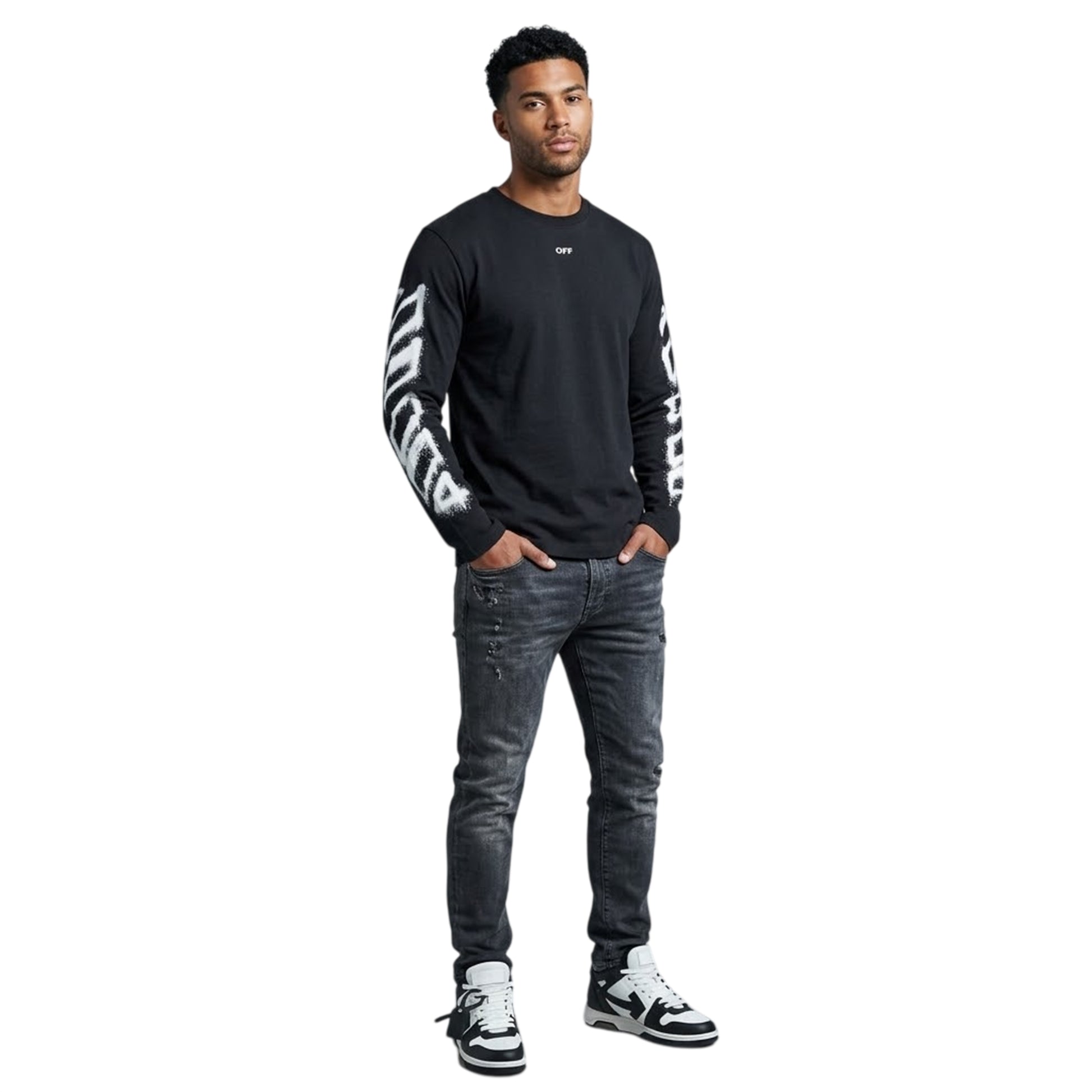 Black - Side - Off White Mens Sleeve Print Long-Sleeved T-Shirt