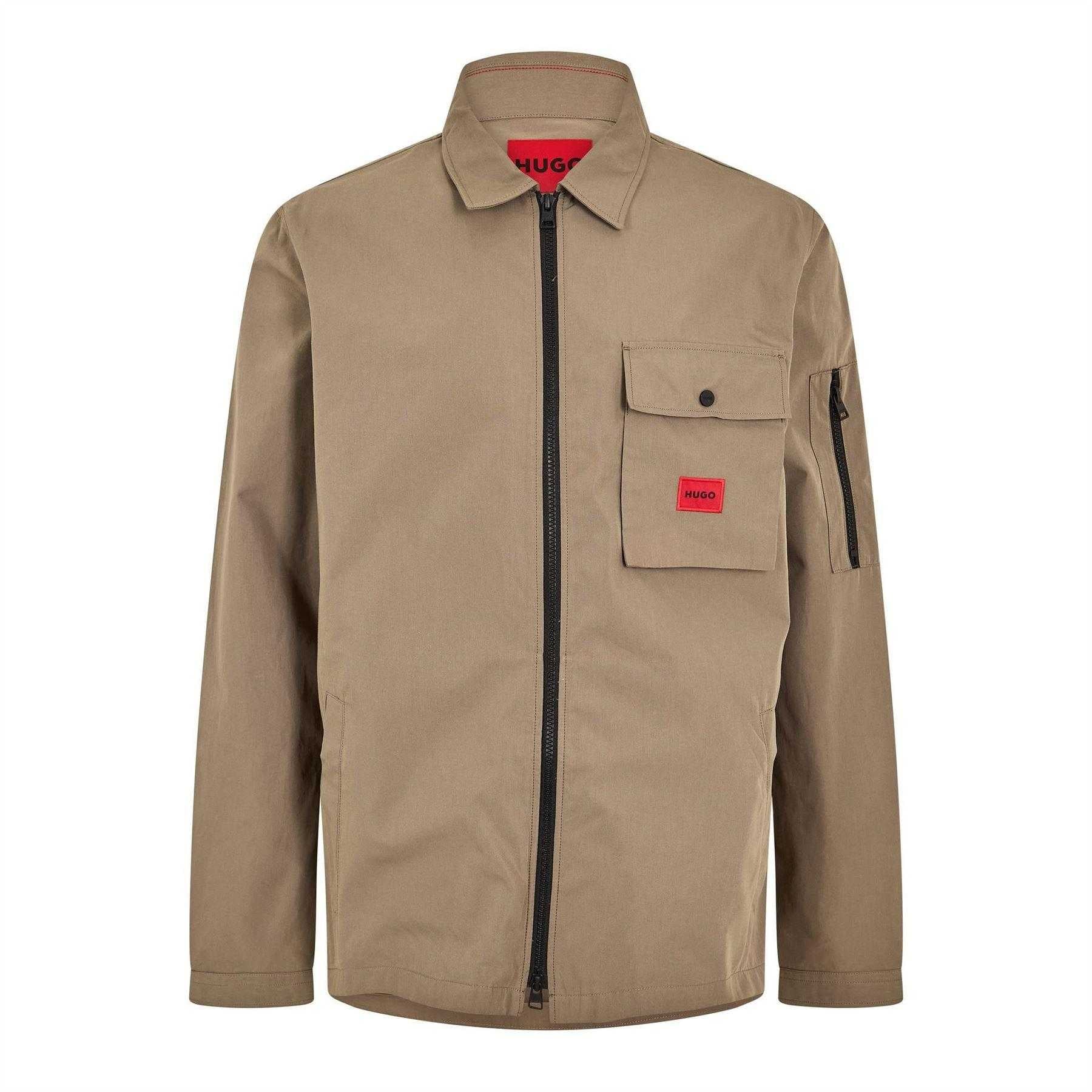 Khaki - Front - Hugo Mens Emmond Logo Full Zip Overshirt