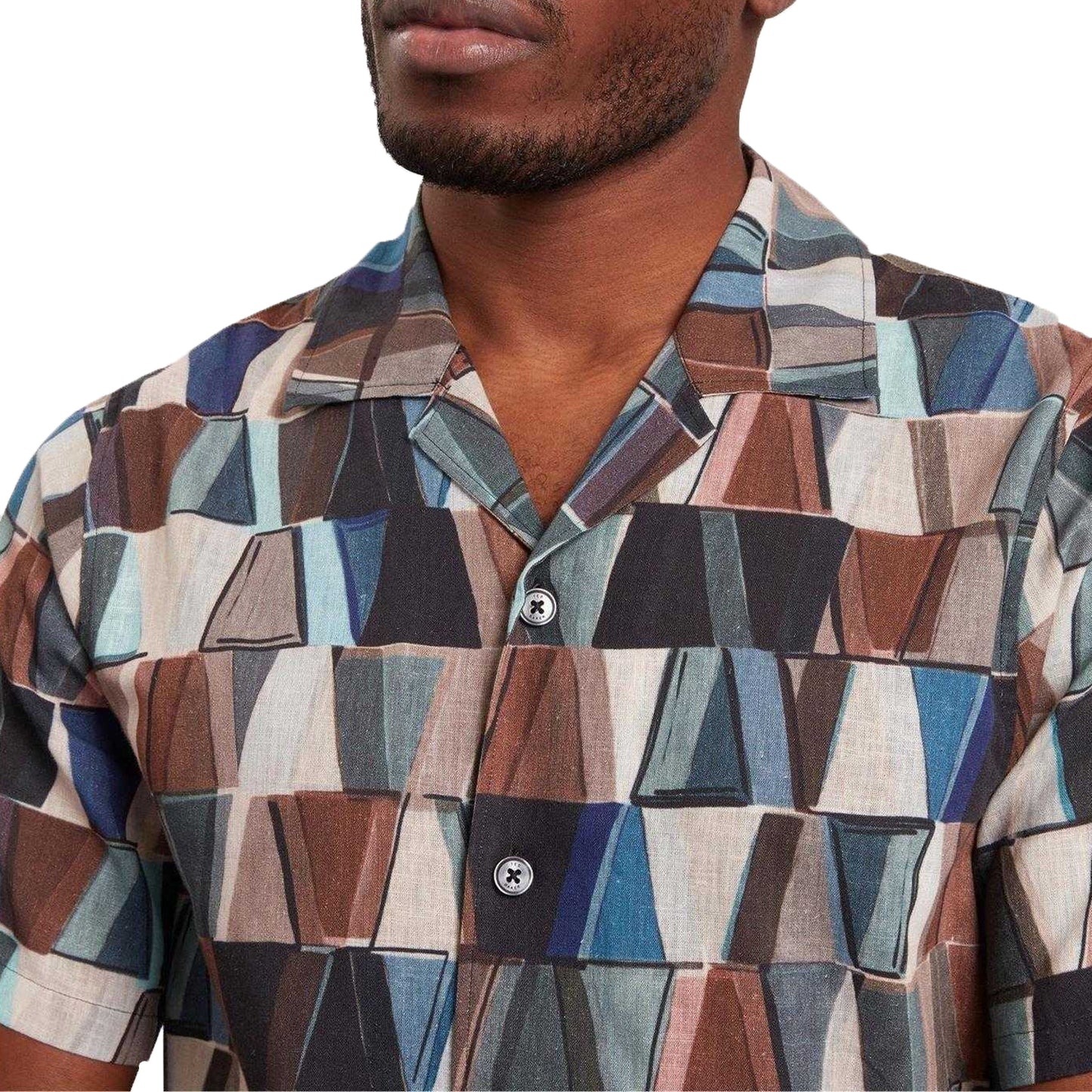 Multicoloured - Side - Ted Baker Mens Geometric Linen Regular Shirt