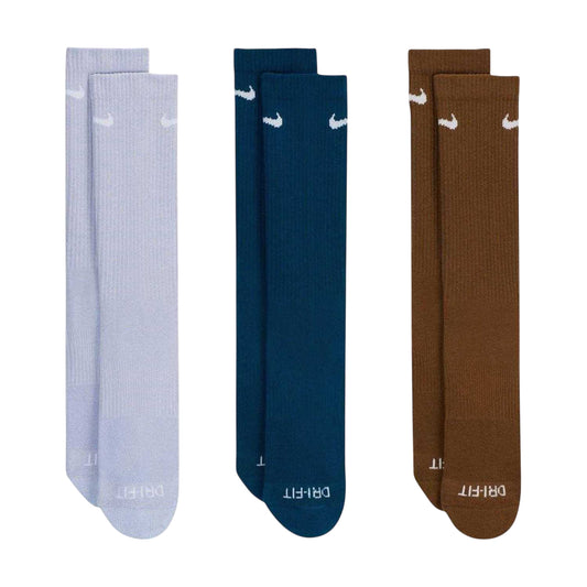 White-Brown-Navy - Front - Nike Unisex Adult Everyday Plus Cushioned Crew Socks (Pack of 3)