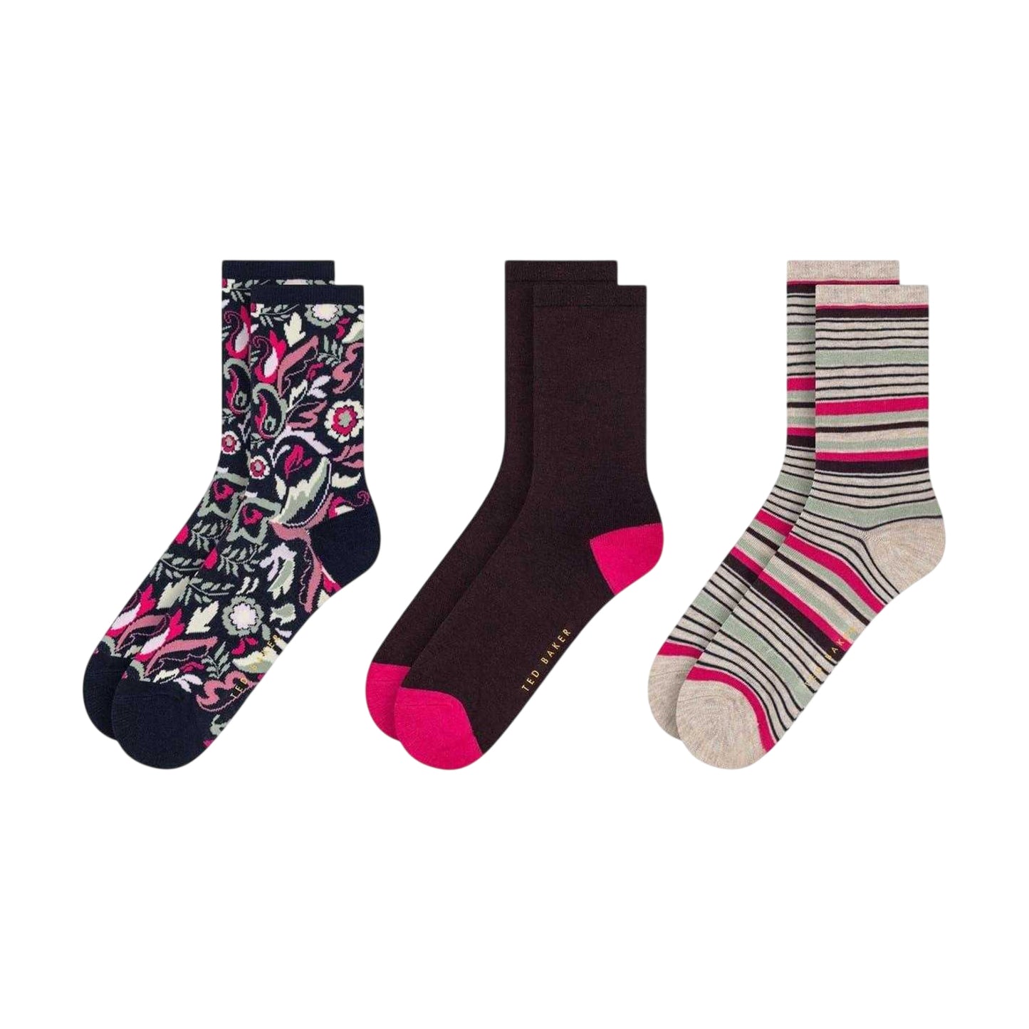 Black-Multicoloured - Front - Ted Baker Womens-Ladies Assorted Designs Crew Socks (Pack of 3)