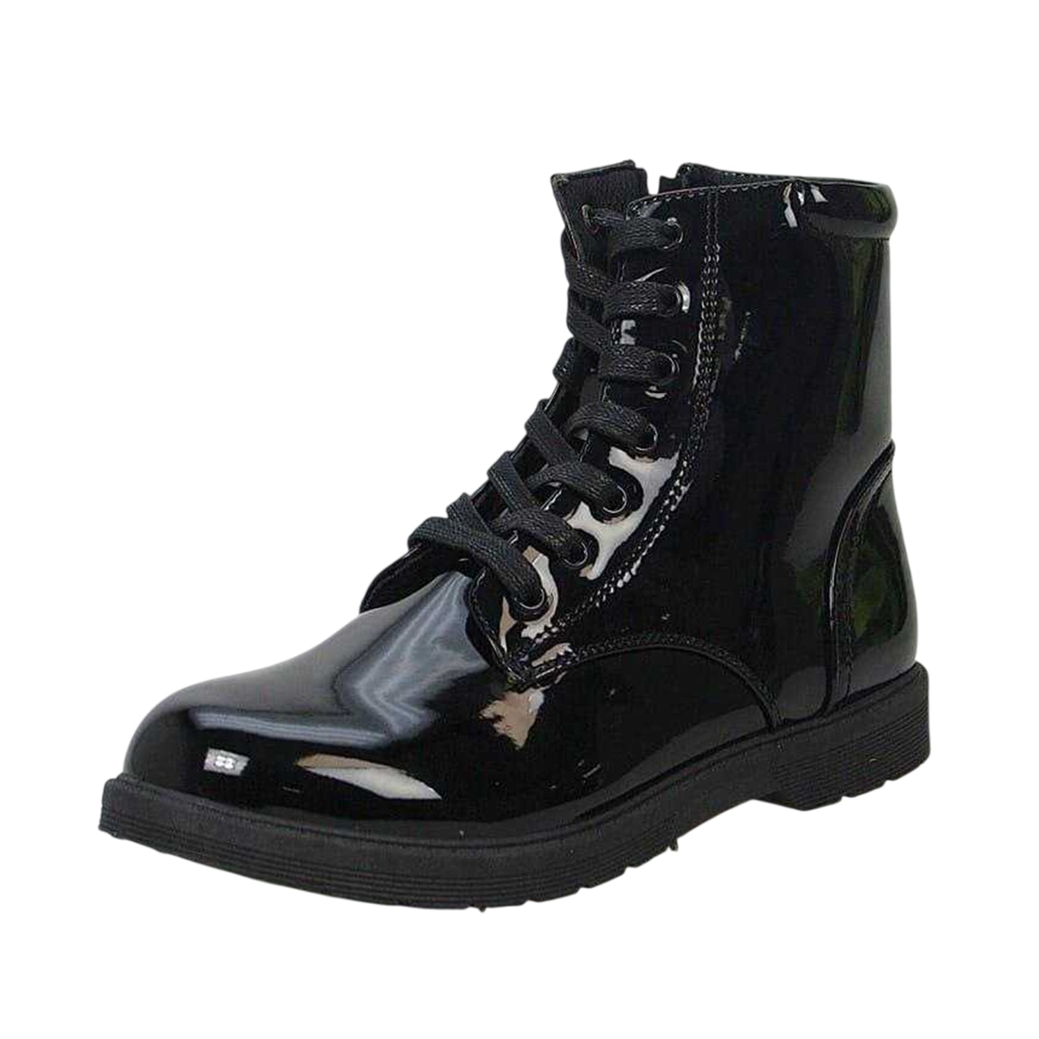 Black - Side - Buckle My Shoe Girls Lace Up Patent Leather Ankle Boots