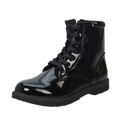 Black - Side - Buckle My Shoe Girls Lace Up Patent Leather Ankle Boots